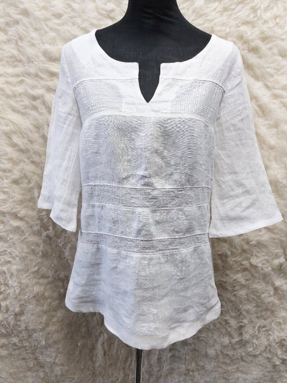 Lina Tomei Italian-made White Linen Sequin Blouse Top Size M